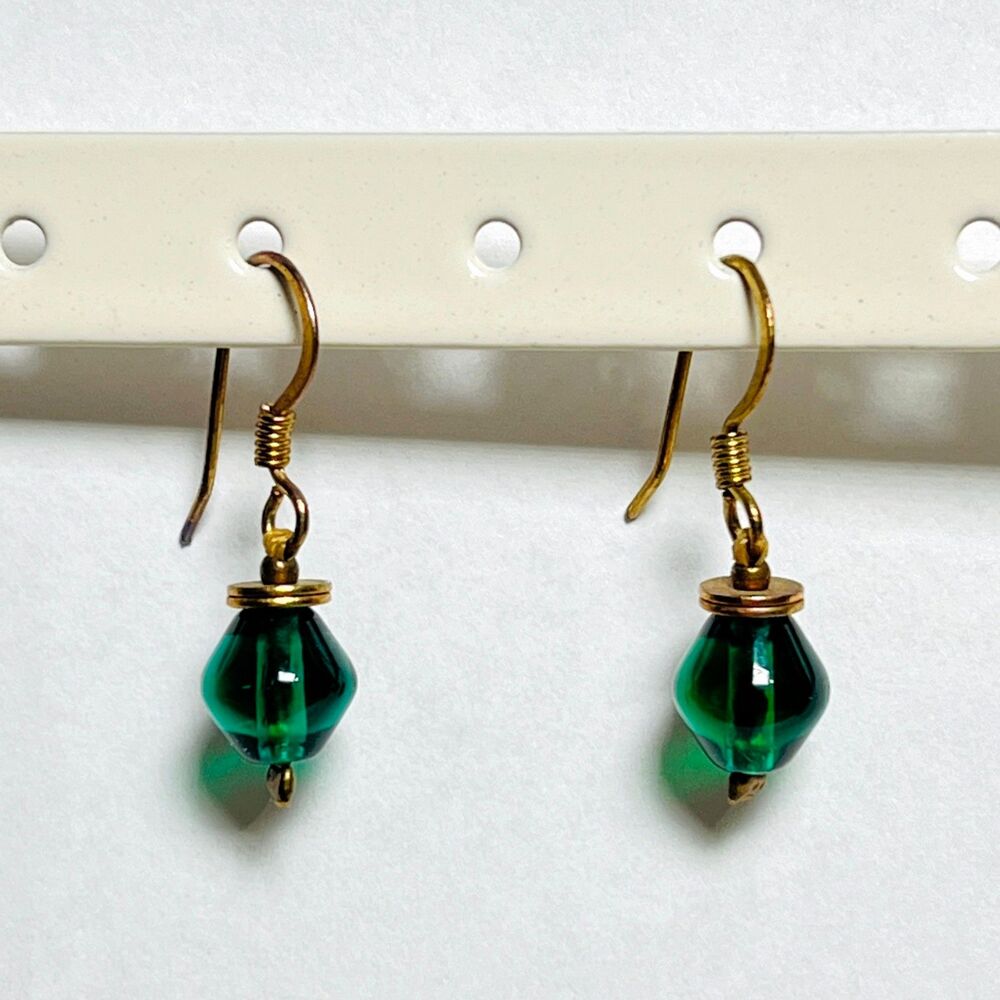 Vintage Earrings Dainty Green Glass Geometric Dangle Gold Tone Hooks Pierced